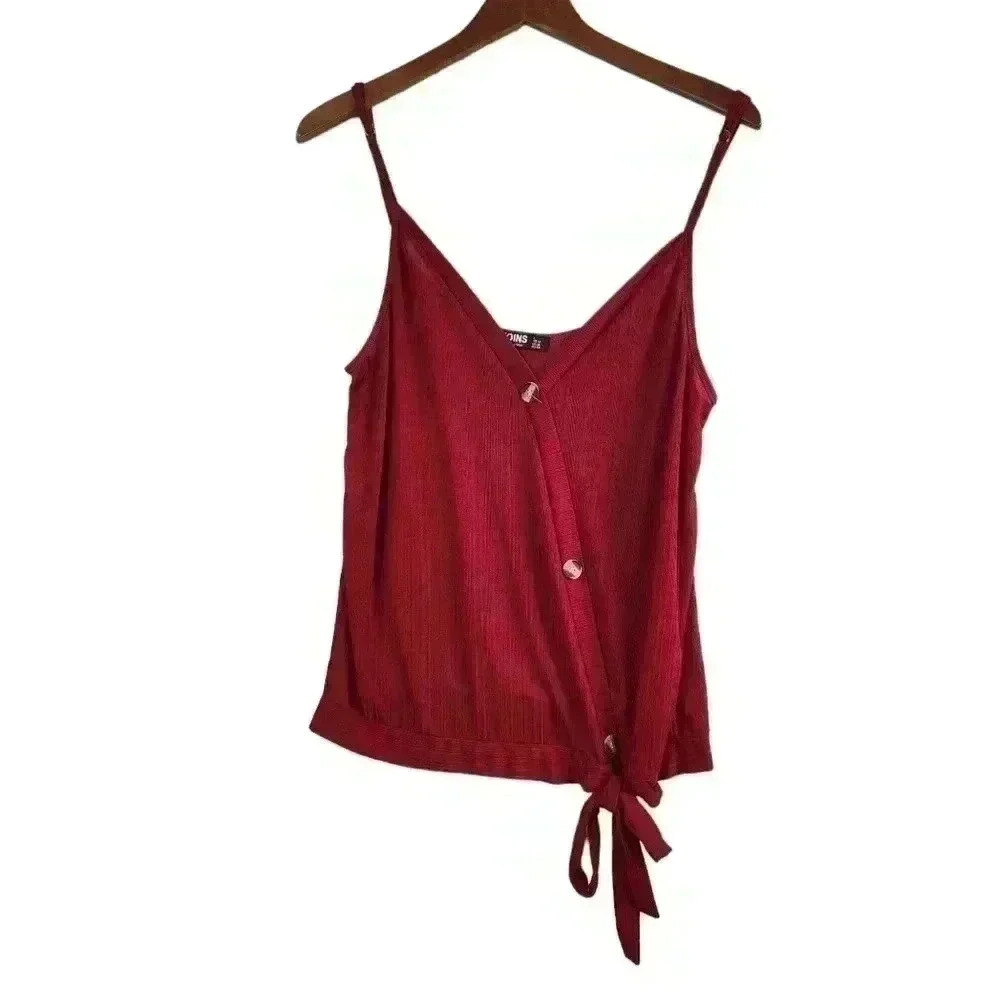 Yoins Red Spaghetti Straps Blouse Size L 12 Button Tie Accents *See Description